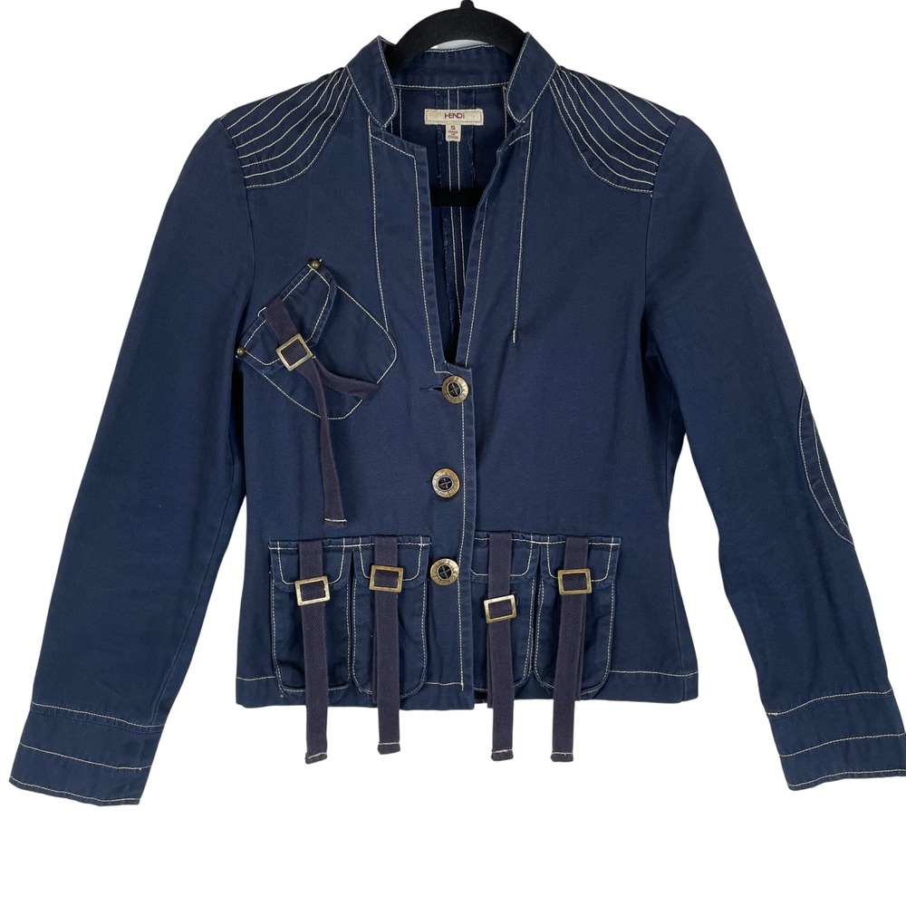 HENDI Women Navy Cotton Military Style Jacket Size S Button Front Pocket Details
